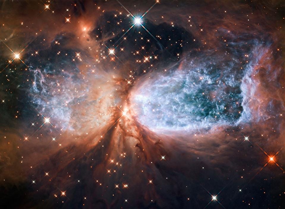 The star forming region Sh 2–106 showcases an interesting set of phenomena, including illuminated gas, a bright central star that provides that illumination, and blue reflections off of gas that has yet to be blown away. The various stars in this region likely come from a combination of stars of many different pasts and generational histories, but none of them are pristine: they all contain significant quantities of heavy elements in them. That is one of the necessary ingredients for rocky planets and potential habitability. (Credit: ESA/Hubble and NASA)