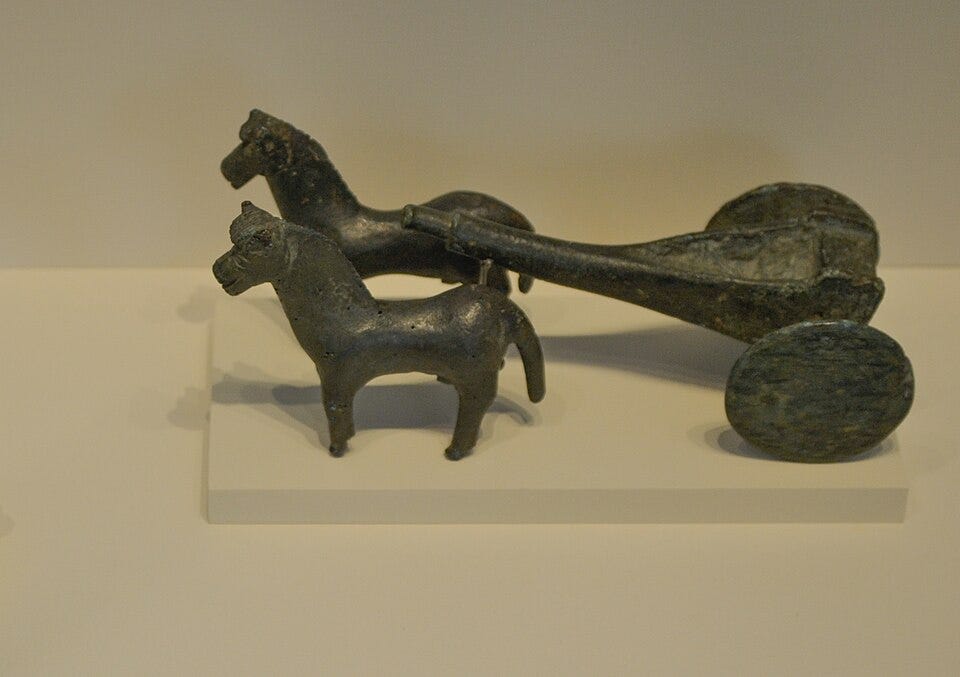 Iberian votive offerings of two horses and a chariot. The three votive offerings are made of bronze and come from the sanctuary of Collado de los Jardines (Santa Elena, Jaén). 4th-1st centuries BC. National Archaeological Museum of Spain. solid wheel chariot.