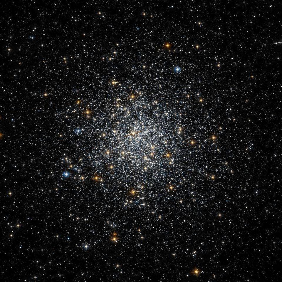 The globular cluster Messier 69 is highly unusual for being both incredibly old, with indications that it formed at just 5% the Universe’s present age (around 13 billion years ago), but also having a very high metal content, at 22% the metallicity of our Sun. Its location may have something to do with its high metal content: it lies very close to the galactic center. The brighter stars are in the red giant phase, just now running out of their core fuel, while a few blue stars that can be picked out visually are the result of the mergers of initially lower-mass stars: blue stragglers. (Credit: Hubble Legacy Archive (NASA/ESA/STScI))