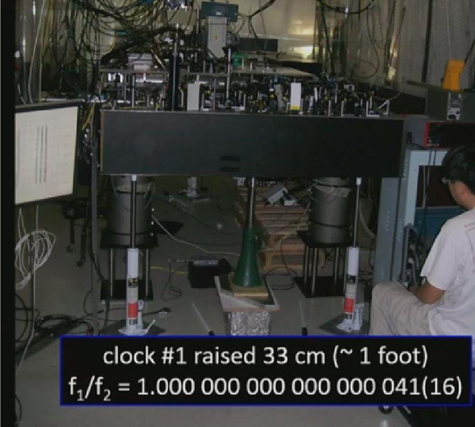A difference in the height of two atomic clocks of even ~1 foot (33 cm) can lead to a measurable difference in the speed at which those clocks run. This allows us to measure not only the strength of the gravitational field, but the gradient of the field as a function of altitude/elevation. Atomic clocks, which rely on electron transitions in atoms, are the most precise devices for measuring time presently accessible to humans. (Credit: David Wineland/Perimeter Institute, 2015)