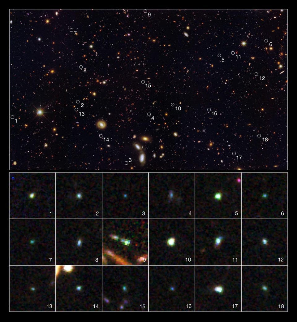 This deep-field region of the GOODS-South field contains 18 galaxies forming stars so quickly that the number of stars inside will double in just 10 million years: just 0.1% the lifetime of the Universe. The deepest views of the Universe, as revealed by space telescopes, take us back into the early history of the Universe, where star-formation rates were much greater than today, but where fewer than 1% of the Universe’s cumulative stars had already formed. Many of the most distant galaxies are found in close proximity to other foreground galaxies, whose mass distorts and magnifies the light from background objects. (Credit: NASA, ESA, A. van der Wel (Max Planck Institute for Astronomy), H. Ferguson and A. Koekemoer (Space Telescope Science Institute), and the CANDELS team)