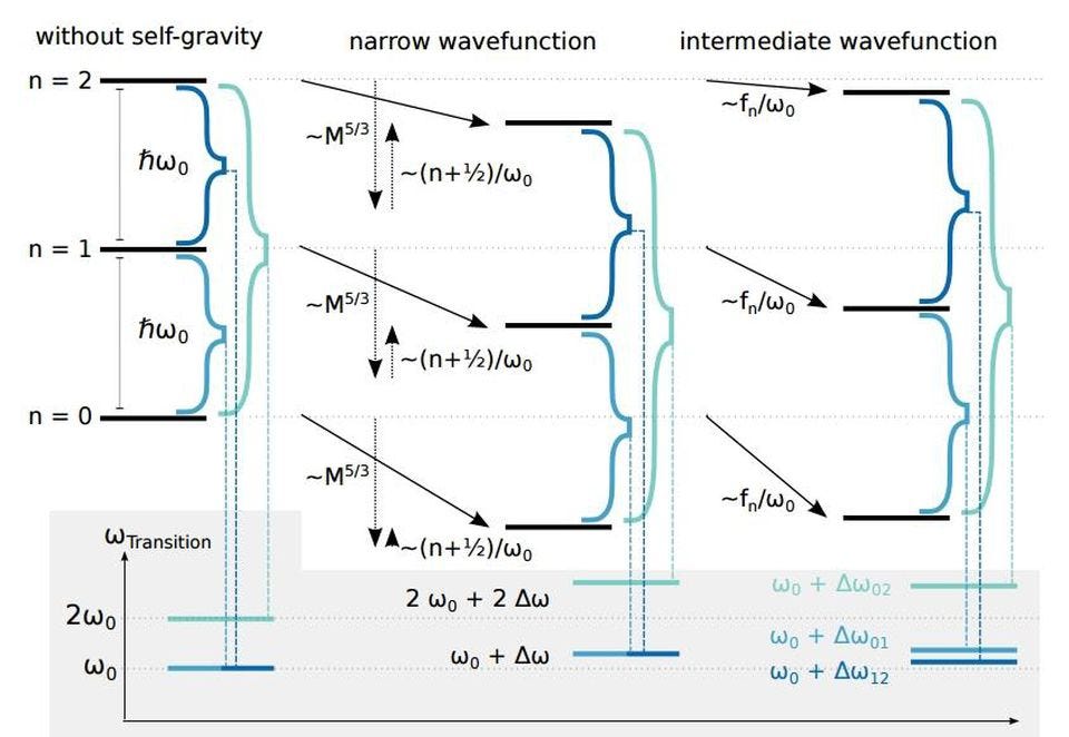 The energy levels of a nanogram-scale disk of osmium, and how the effect of self-gravitation will (right) or won’t (left) affect the specific values of those energy levels. The disk’s wavefunction, and how it’s affected by gravitation, may lead to the first experimental test of whether gravity is truly a quantum force. (ANDRÉ GROSSARDT ET AL. (2015); ARXIV:1510.0169)