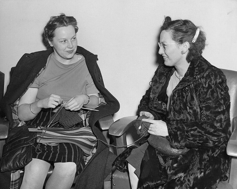 Workers from munitions factory knitting: image by Archives of Ontario via under license