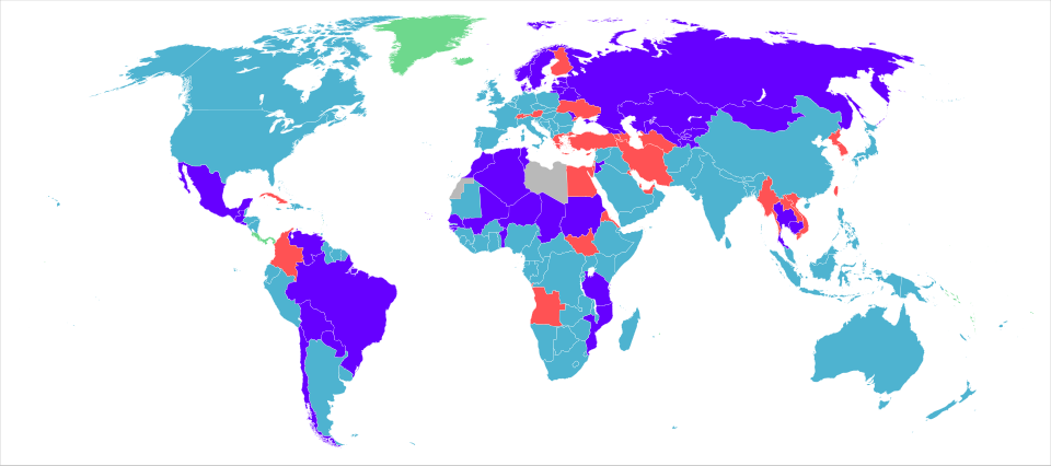 Mysid, Public domain, via Wikimedia Commons Green: No armed service. Blue: No conscription. Purple: active, but limited conscription Orange: plans to abolish conscription. Red: active conscription. Grey: No information.