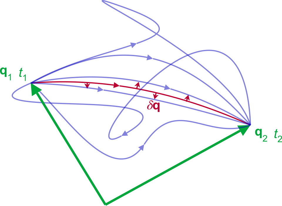 The configuration of a system q (which may be just its position in 3D space) evolves between two configurations q1 and q2 at two times t1 and t2. The minimal action path in red, when a small deviation is added, increases the action in every direction. This tells you the action for that path is minimal. Classical mechanics does not allow the purple paths, but quantum mechanics does. Source: Wikipedia