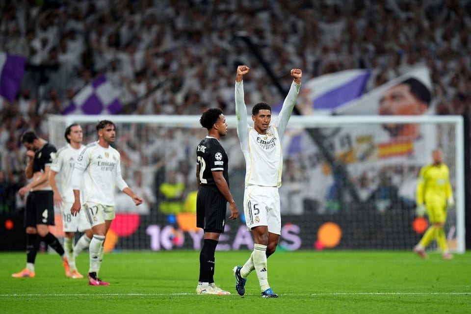 Galactico: Bellingham salutes Madrid fans after scoring. Photograph: GETTY Images