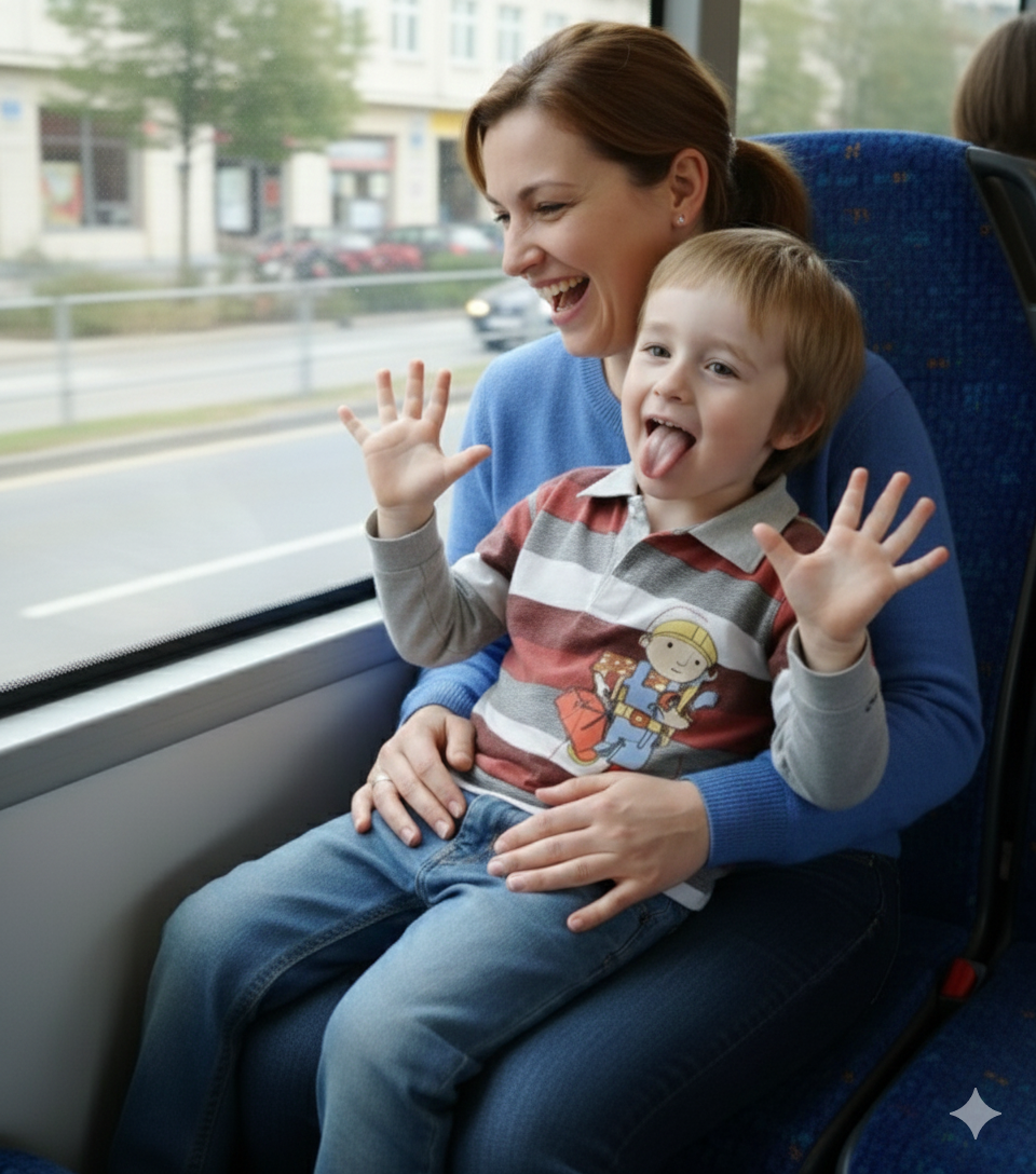 Max sitzt gemütlich auf dem Schoß seiner Erzieherin.