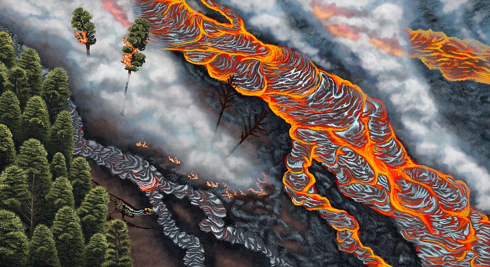 Reconstruction of Rajasaurus in the Lameta Formation (India), closely associated with the Deccan Traps volcanic province. This depiction illustrates Late Cretaceous ecosystems that were strongly influenced by volcanic activity linked to the Deccan flood basalts, one of the largest igneous events in Earth’s history and a key factor in discussions about the end-Cretaceous environmental crisis. Image by Leonardo HerSan, via Wikimedia Commons, licensed under CC BY-SA 4.0.