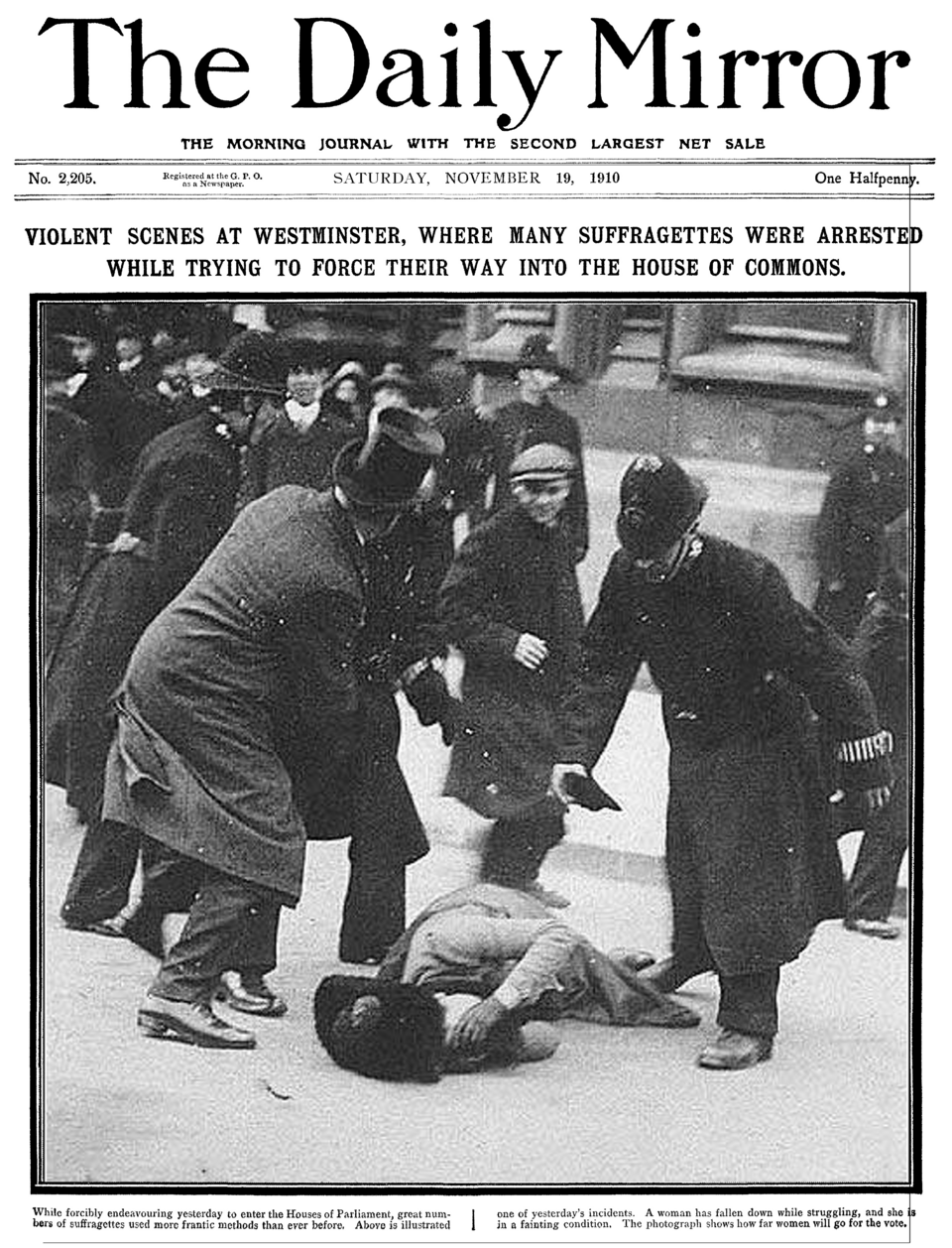 The fight for the right to vote looked like this, women knocked to the ground and arrested outside Parliament — Image courtesy of Wikipedia