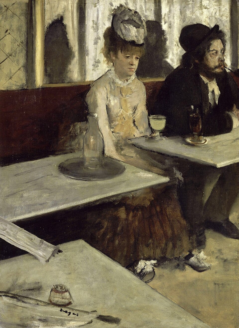 Edgar Degas — In a Café (L’Absinthe, 1876). A quiet and unsettling glimpse of modern Parisian life, reflecting Degas’s focus on contemporary urban observation (1876) (Public domain, Wikimedia Commons)