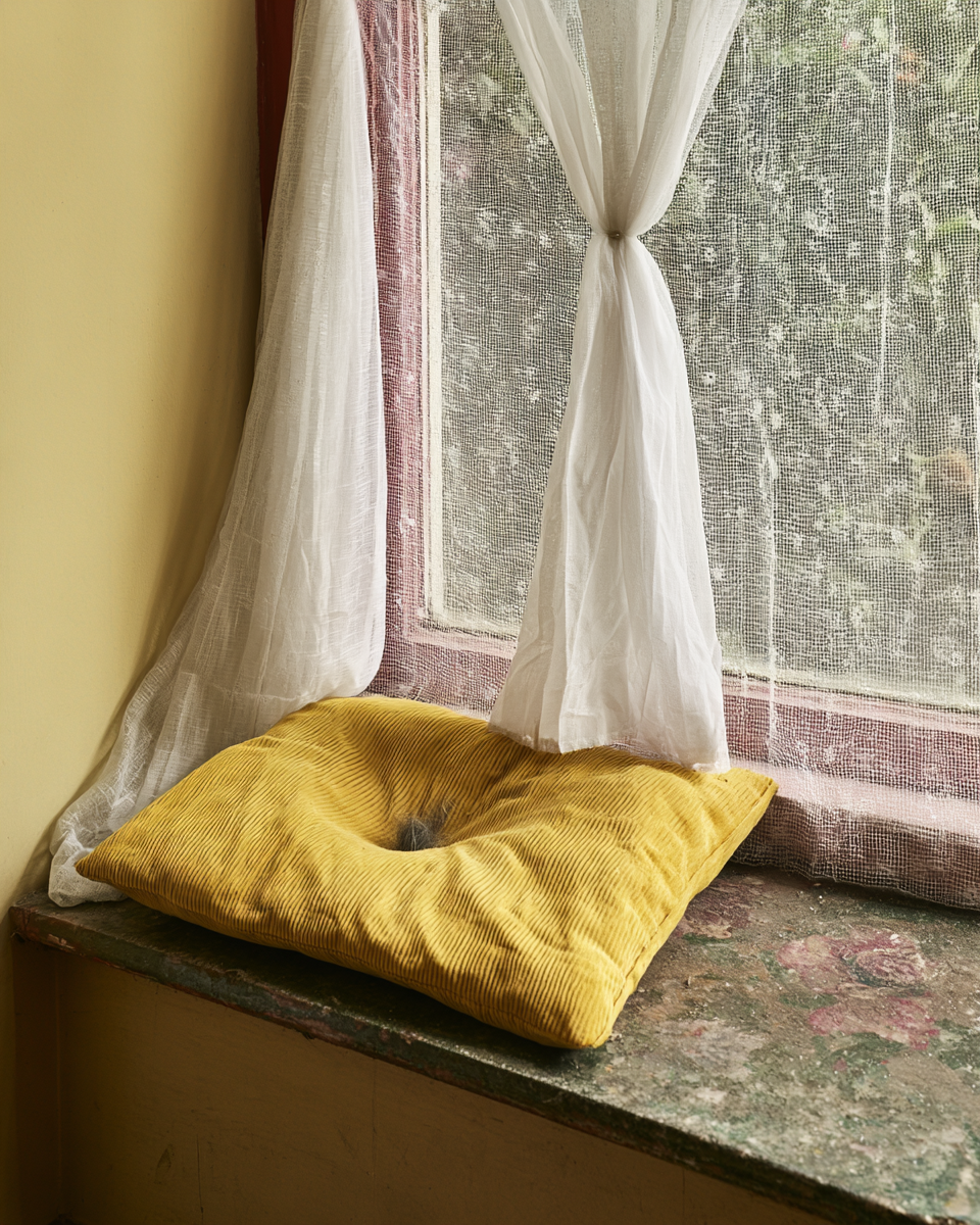 Prompt: photograph of a sun-faded corduroy cushion on a window seat, an oval dent and a few short grey hairs where a cat slept every afternoon for fifteen years, the cat gone, flat overcast daylight through net curtains, unstyled domestic interior, palette of mustard corduroy, dust and curtain white, in the deadpan tradition of William Eggleston, the American photographer who made the banal monumental, — chaos 15 — ar 4:5 — raw — stylize 150 — weird 150 — v 8.1