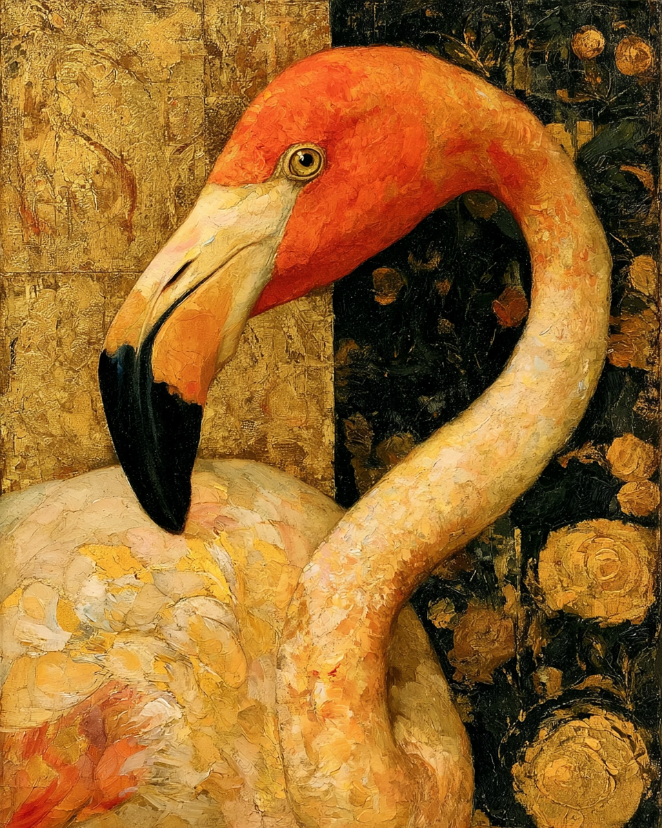 a beautiful flamingo image using 8 Blended SREF codes: 3730124356 2461417593 3523709400 4096276690 35832124 3992791901 3017929449 2715232873 — created by the author in Midjourney v8.1