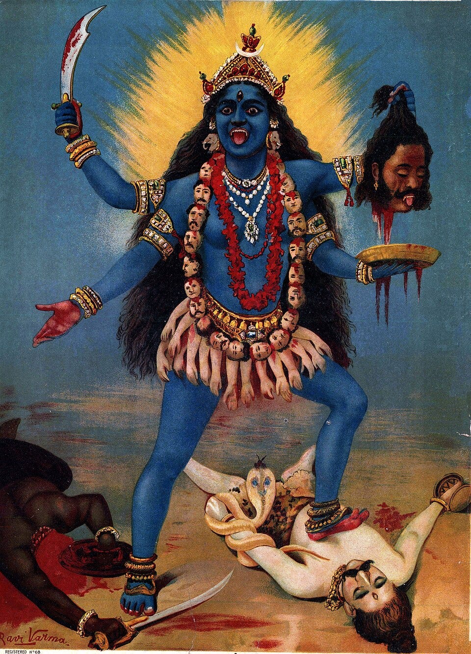 Kali by Raja Ravi Varma, a fierce aspect of the loving Parvati. Shiva in her feet. (Image source- Wikimedia Commons)