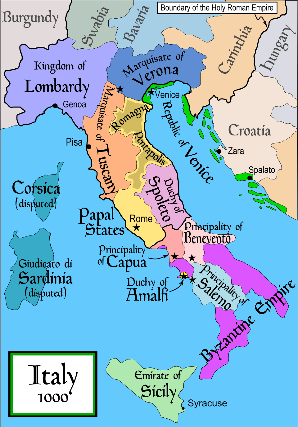 Map of medieval Italy and surrounding powers (public domain, Wikimedia Commons).