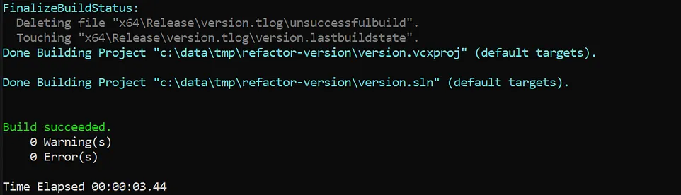 Our target folder (left) and the build succeeding (right)