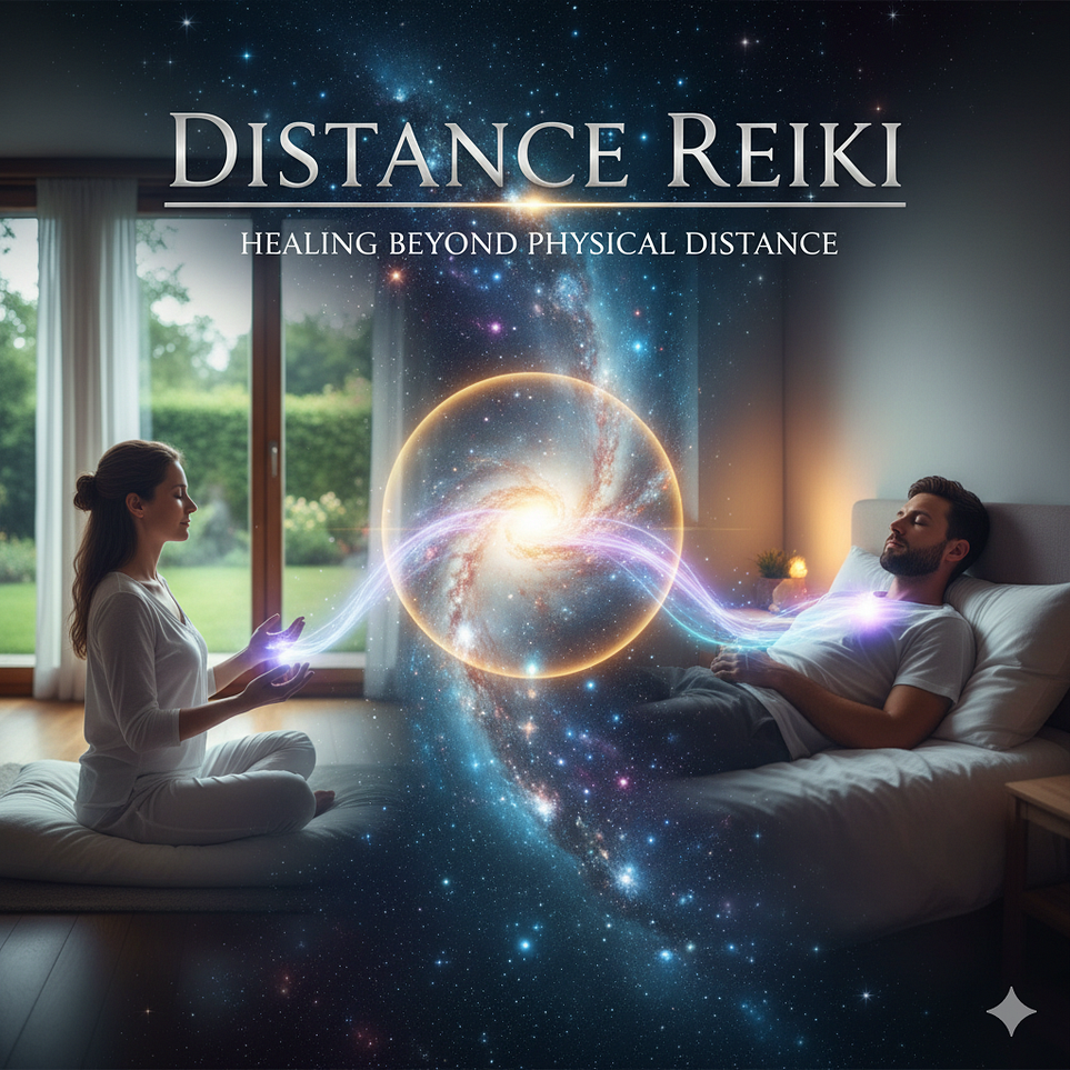 A woman sitting cross-legged on the floor of a sunny room, hands extended and glowing with blue light, is sending energy across a cosmic, swirling portal to a man lying on a bed in a dimly lit room, illustrating the concept of Distance Reiki healing that transcends physical space.