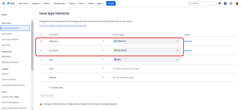 Objectives and Key Results in OKR hierarchy inside Jira Advanced Roadmaps