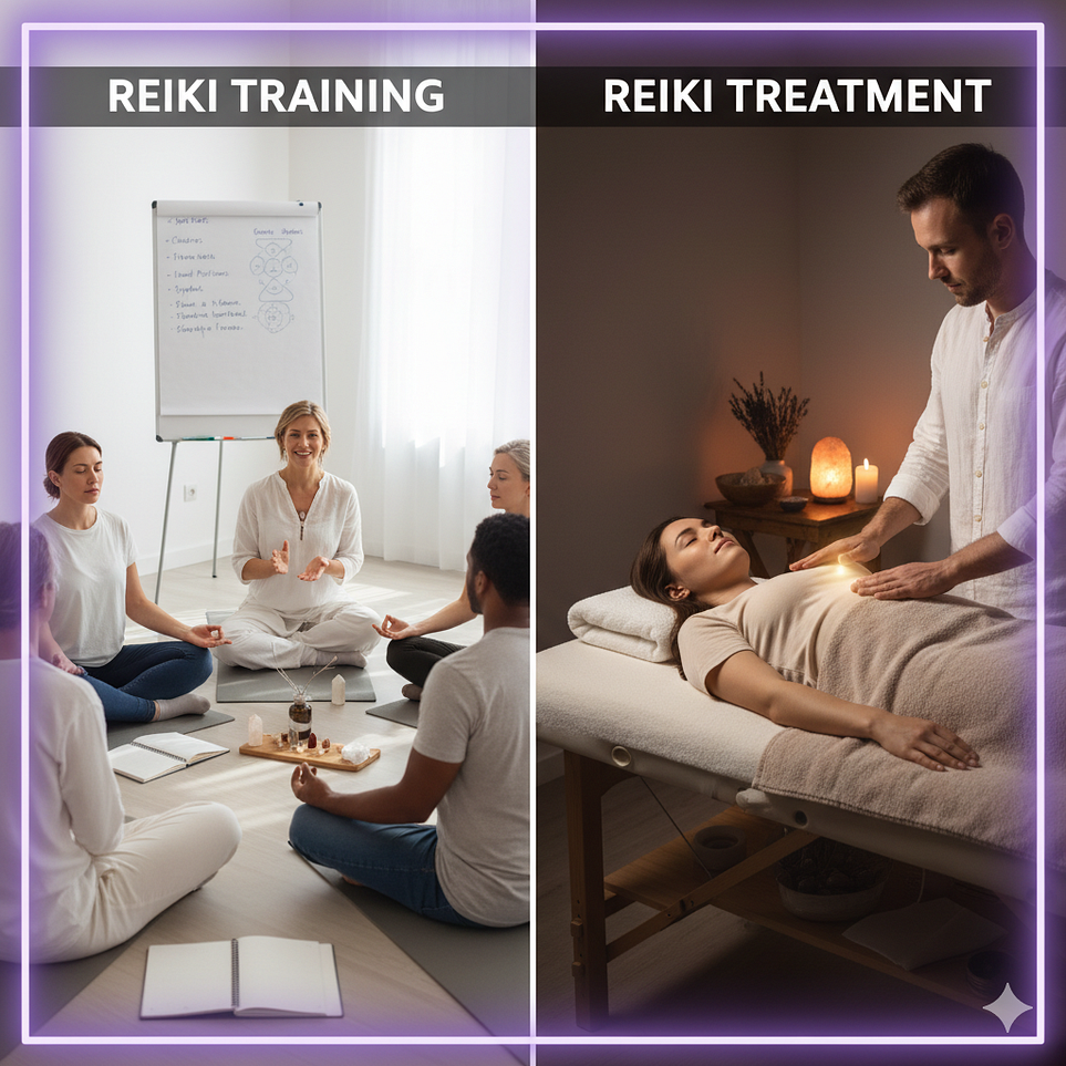Reiki Training vs. Treatment: Learning the healing art on the left, receiving its restorative benefits on the right.