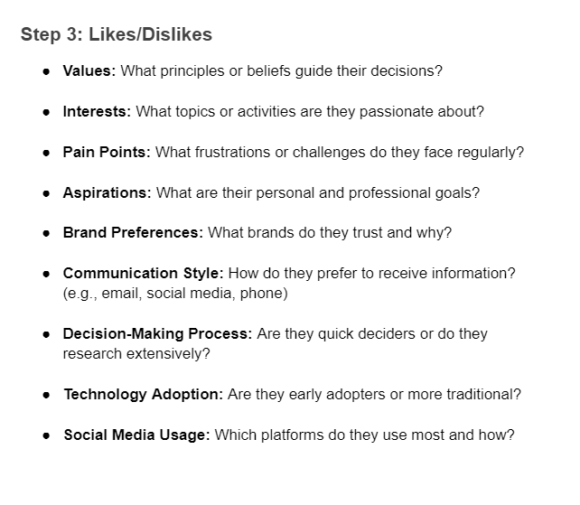 Likes and Dislikes of your ideal customer