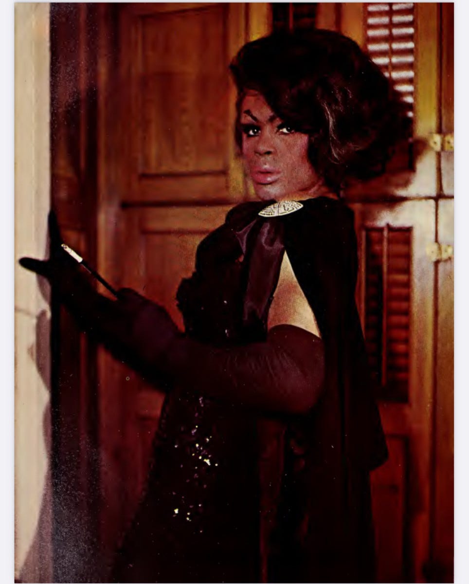 “Kick” Wilde, a black drag perfomer at a time it was somewhat underground. Drag empowered US black performers in the 1960s.
