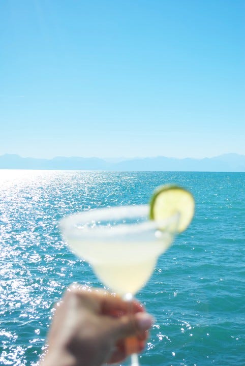 hands holding martini style glass against a sunny ocean background