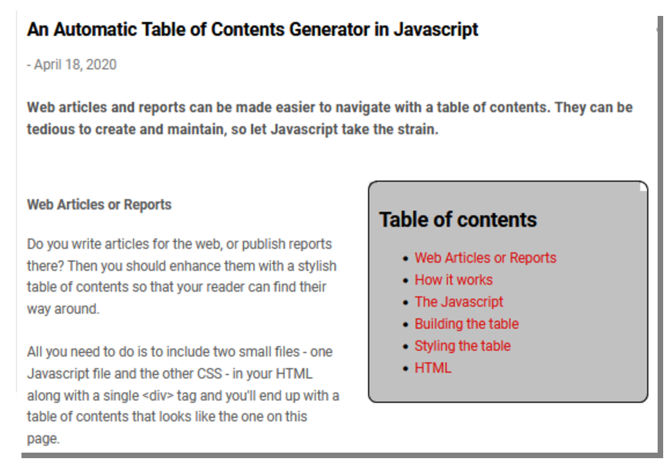 An Table of Contents Generator in JavaScript | by Alan Jones CodeFile | Medium