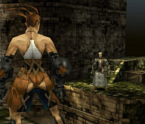 A man turned his back to us, looking to a man whose a bit far away from him. Screenshot from Vagrant Story