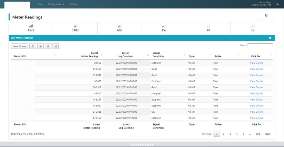 Example of an AMI system interface: meter data collected across thousands of devices with varying timestamps, signal levels, and NB-IoT connectivity status.  Unlike AMR, data is continuously updated and available for system-wide monitoring and analysis.