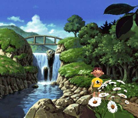 Screenshot from the game Boku no Natsuyasumi.In a serene and sunlit green field beside a peaceful river, a child stands. Screenshot from the game Boku no Natsuyasumi.