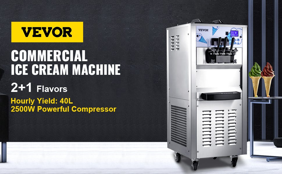 VEVOR 40L/H Soft Ice Cream Maker Commercial Mobile Tricolor Flavors