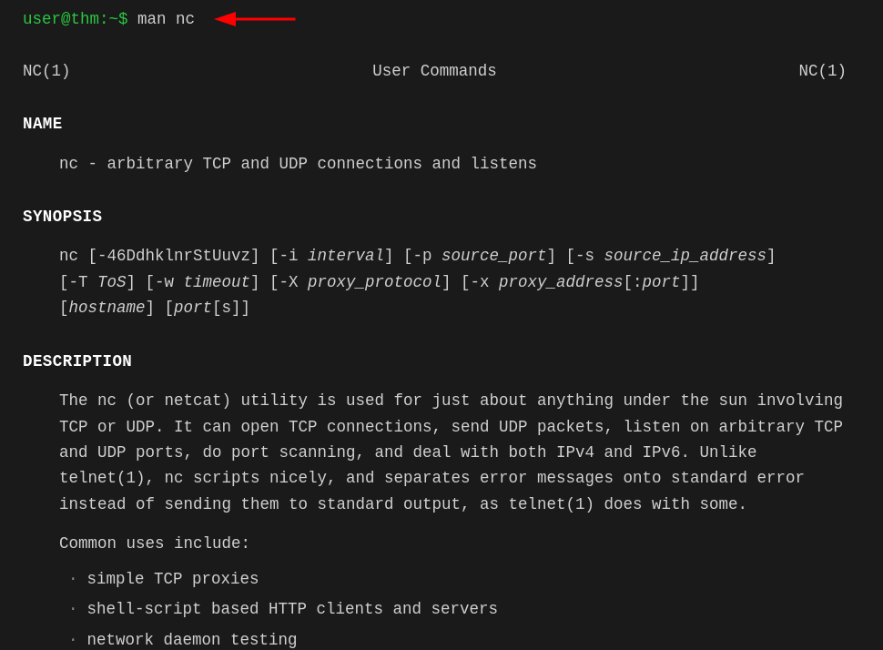 Opening the netcat utility documentation page via the Linux man terminal framework.