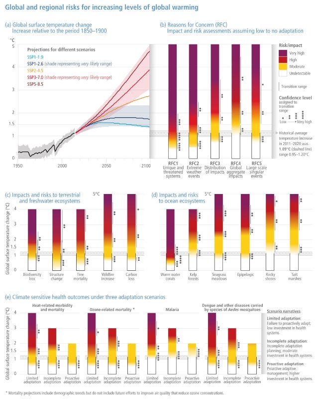 (a) is Prediction charts for different temperature rises. Remaining charts are the serious effects the temperature rise causes to different ecosystems like land, ocean and health.