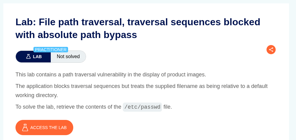 PortSwigger File Path Traversal — Traversal Sequences Blocked with Absolute Path Bypass