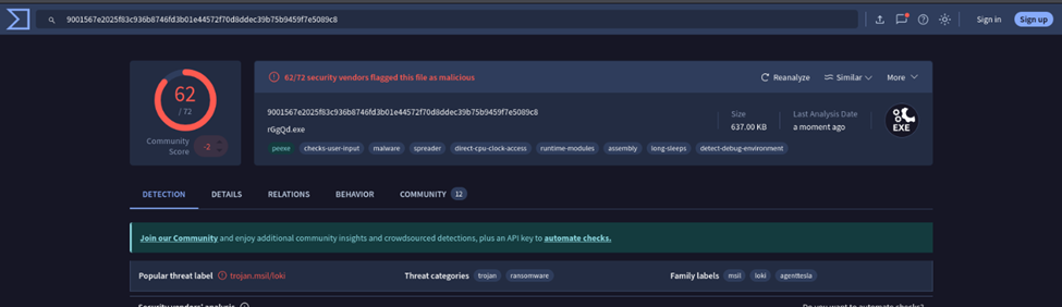 VirusTotal hash summary page (detection results).
