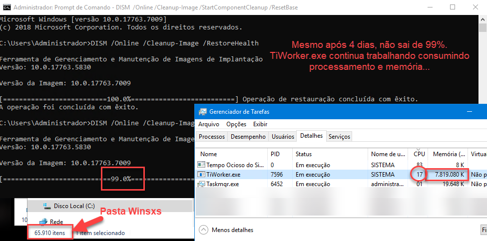 Executando o DISM em modo off-line, Ambiente WinRE/WinPE, para consertar falha do TiWorker.exe