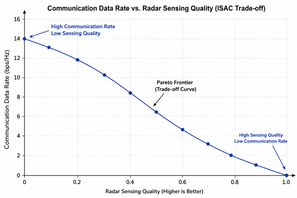 Figure 4. Fundamental trade-off between communication data rate and radar sensing performance in an ISAC system.