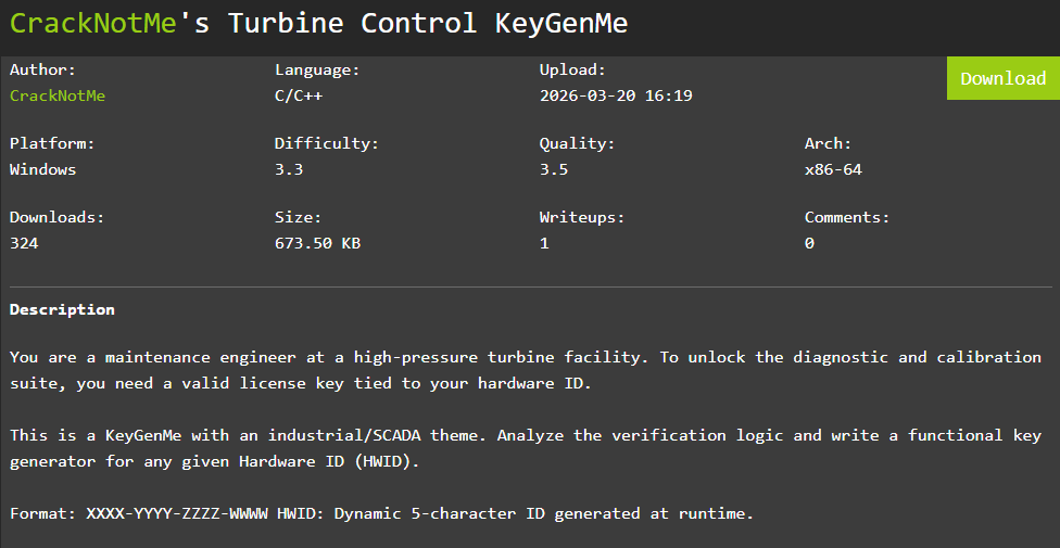 crakcmes.one — CrackNotMe’s Turbine Control KeyGenMe WriteUp (Turkish)