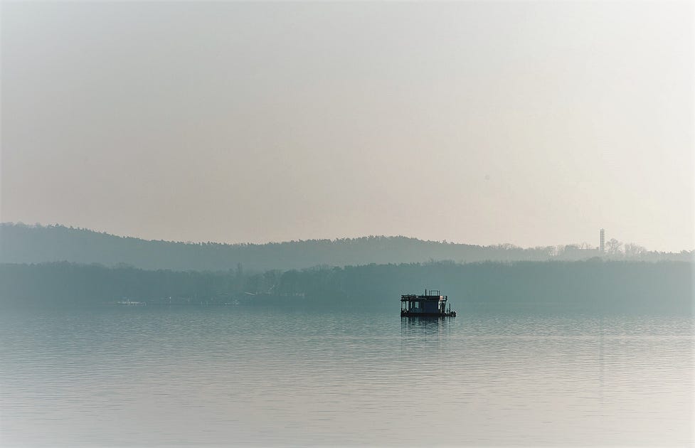 Raft in the middle of Müggelsee, Berlin - south-east.  Copyrighted by the author. 2023, Sean P. Durham, Berlin
