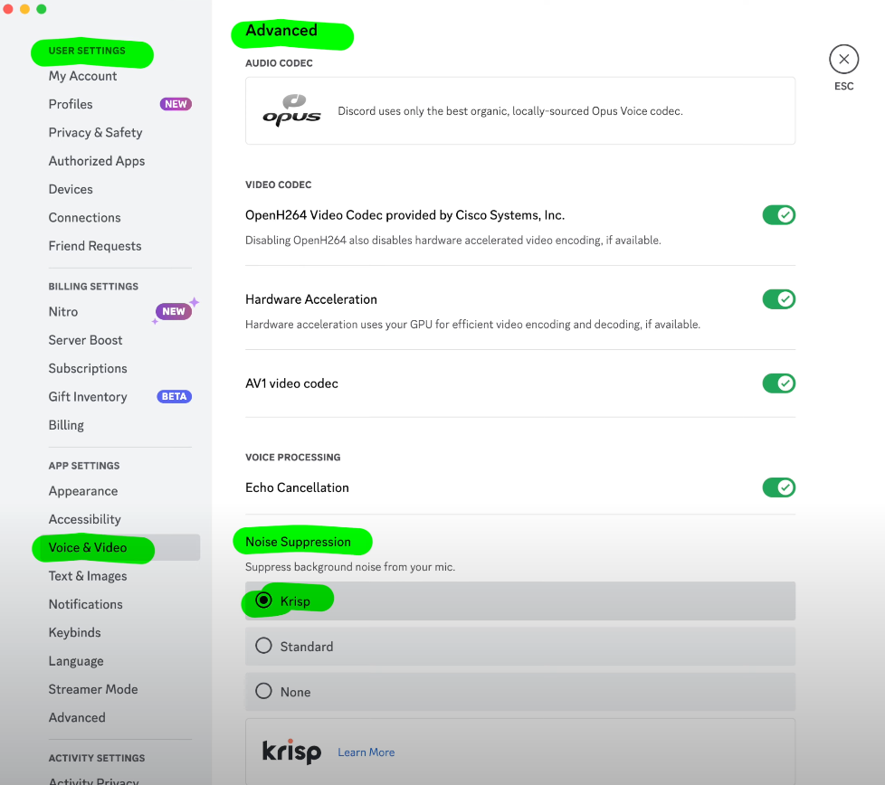 Settings in Discord for using krisp.ai