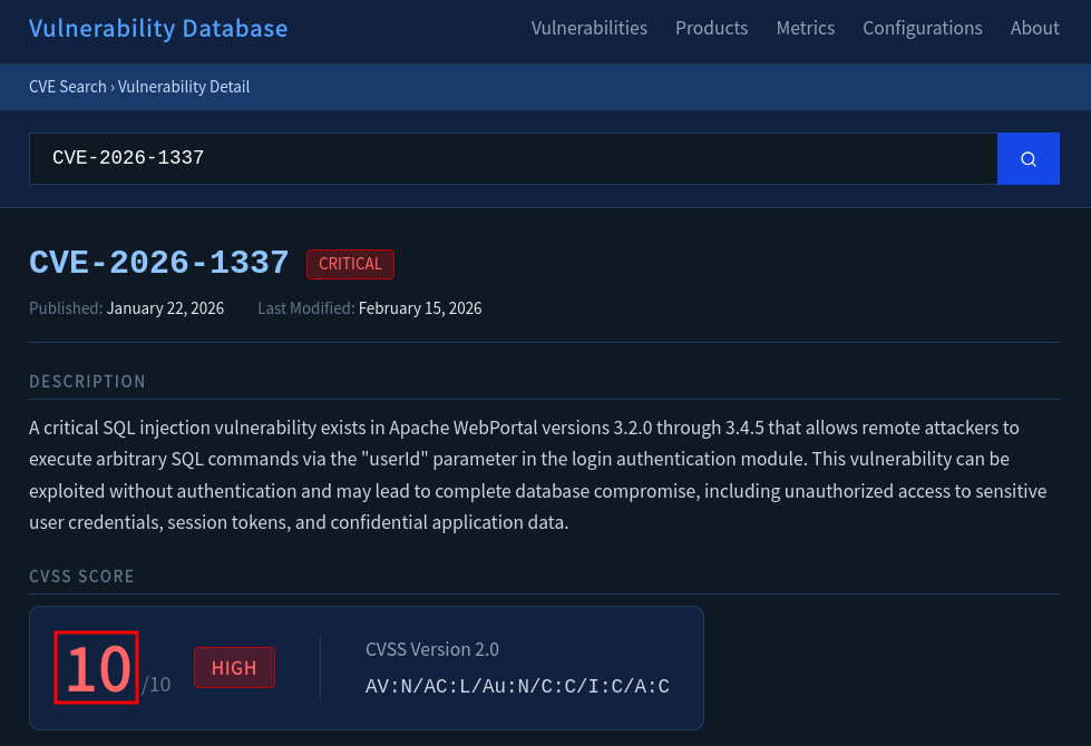 Inspecting CVE metrics and severity details inside the vulnerability database.