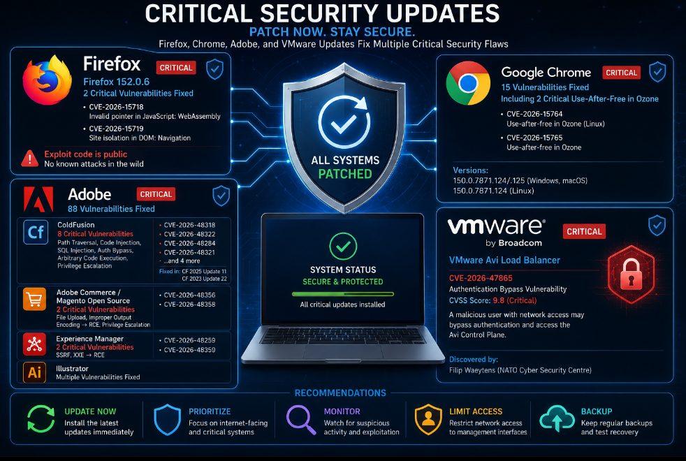 Firefox, Chrome, Adobe, and  VMwareCritical  Patches: Why Browser and Enterprise Updates Cannot Wait