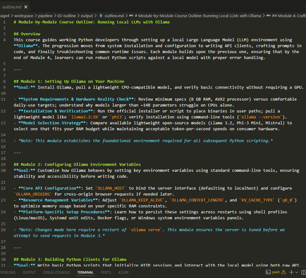 Editing an example outline at the gate in VS Code. Potential off-scope modules or lessons get cut before the expensive draft stage ever sees it.
