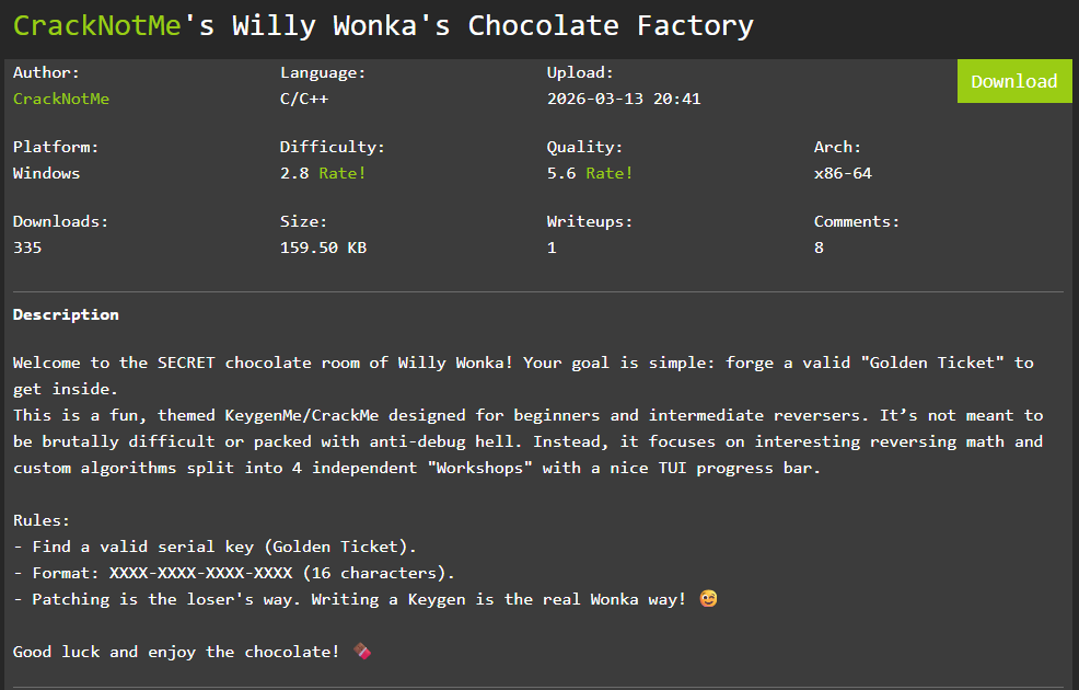 crackmes.one — CrackNotMe’s Willy Wonka’s Chocolate Factory Writeup (Turkish)