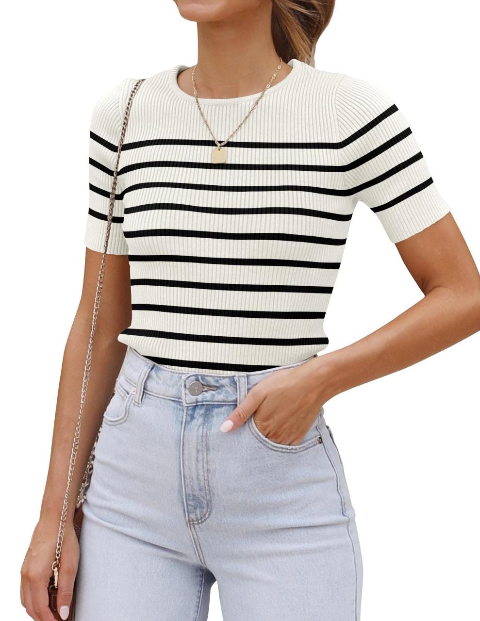 ZESICA Women’s Short Sleeve Crewneck Striped T Shirt Review 2024: Is It ...