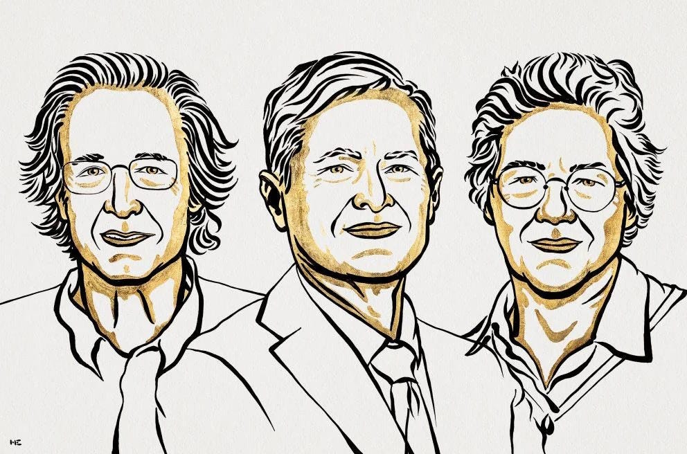 The Royal Swedish Academy of Sciences awarded the Nobel Prize in Physics 2023 to Pierre Agostini, Ferenc Krausz and Anne L’Huillier, illustrated here from left-to-right, “for experimental methods that generate attosecond pulses of light for the study of electron dynamics in matter.” (Credit: Niklas Elmehed © Nobel Prize Outreach)
