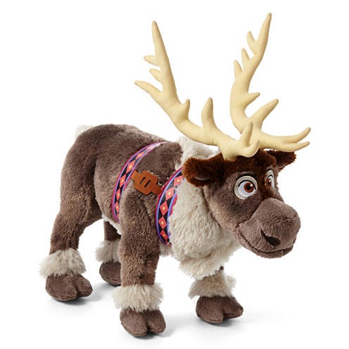 Sven the Reindeer stuffy. A grey/brown reindeer animated-style, wearing a red and blue harness