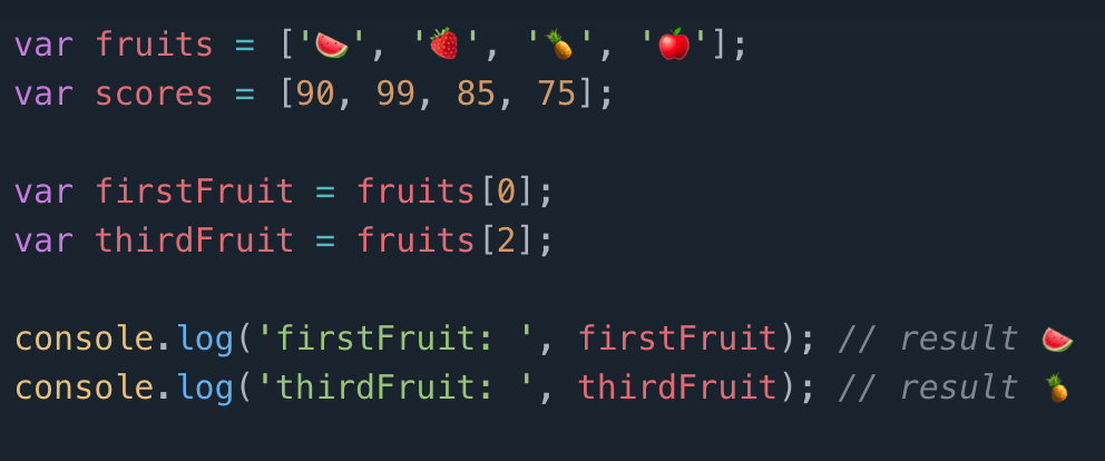 Coding diary day 5: Arrays var fruits = [‘🍉’, ‘🍓’, ‘🍍’, ‘🍎’] | by Code ...