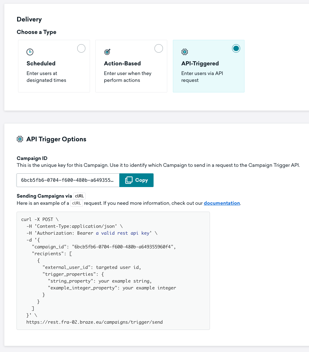 Braze Campaigns, Delivery Types APITriggered by For Now Marketing