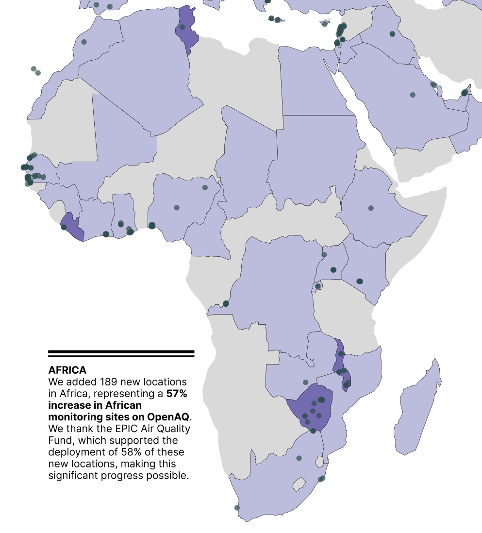 Figure 3. Since 2022, Africa has been the fastest growing region in terms of increased country coverage on the OpenAQ platform.
