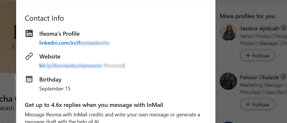 Linkedin contact info example